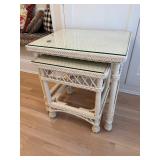 White Wicker Nesting End Table Set w Glass Top