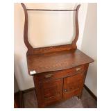 Victorian Oak Washstand w Harp-Shaped Towel Rack