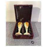 2 Hand Carved Natural Onyx Goblets in Case