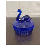 vintage cobalt blue glass swan powder box