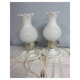 2 vintage white milk glass hobnail table lamps