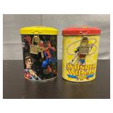 Vintage Spider-Man & Wonder Woman tin coin banks