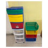Lot of assorted storage bins and contents