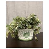 Green & white ceramic planter with artificial ivy