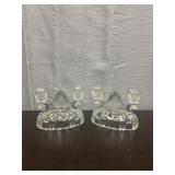 Pair of L.E. Smith glass candlestick holders featu