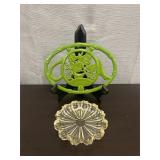 Vintage clear glass ashtray & green metal trivet