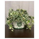 Green & White ceramic planter with artificial ivy