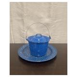 Small blue enamelware kettle & plate