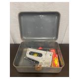 vintage gray metal fishing tackle box with staple
