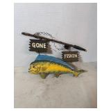 hand-painted wooden 'gone fishing' sign