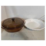 Amber glass dish & white bowl