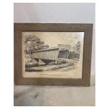 framed pencil drawing of a rustic covered bridge