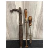 antique metal clamp, hand saw, & drill