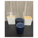 navy and white bathroom accessory set
