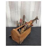 Handmade wooden box of vintage tools