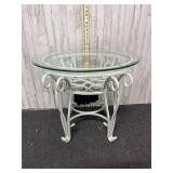 White metal round side table with glass top