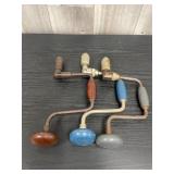 three vintage manual bit braces (hand crank carpen