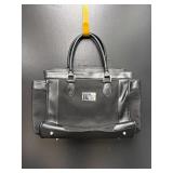black structured tote bag with silver colored hard