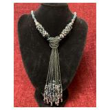 Blue & Silver Colored beaded tassel necklace