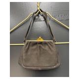 vintage suede handbag with gold toned hardware