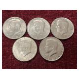 Set of 5 US Kennedy half dollar coins