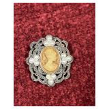 vintage Victorian-style silver filigree cameo broo