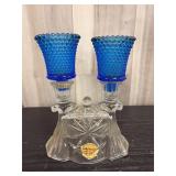 Vintage double-light pressed glass candlestick hol