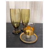 Etched amber glasses & gold-painted candle holder