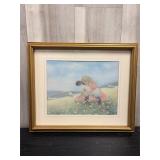 Framed pastel print 'Girl with Lamb' by artist Jun