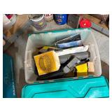 Tote of Misc JD Parts, Sand Paper, Filters etc