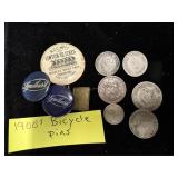 1900ss Bicycle Pins & assorted Foreign Coins