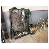 Peg Board Stand w/contents. Level, Chain etc
