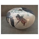 Large Vintage MCM Raku Vase w/Dragonfly Motif