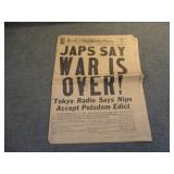 WW2 August 14 1945 Japs Say War is Over Newspaper