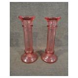 Vintage Pair Indiana Glass Pink Candleholder Vases