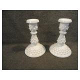 Pair Vintage Fenton Milk Glass Hobnail Candlestick