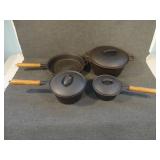 Vintage 4 pc Set Cast Iron Pans w/Wood Handles