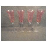 Set of 4 Vintage Etched Cranberry Champagne Flutes