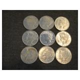 Lot of (9) 1922 Peace Silver Dollars