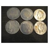 Lot of (6) 1923 Peace Silver Dollars