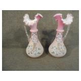 Antique Pair Victorian Peach Blow Enamel Ewers