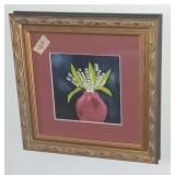 Art burgundy vase with flowers nice frame11.5x11.5