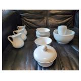 Pedstal and mortar bowl, 3 small pitchers