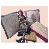 Folk art Doll Pillow stool lot embroidered pillow