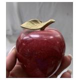 Red stone apple paperweight brass leaf