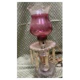 Antique Lamp Etched Cranberry Shades  With Prisms
