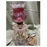 Antique Lamp Etched Cranberry Shades  With Prisms