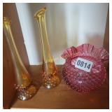 Fenton Hobnail Vases,  Cranberry Hobnail Bowl