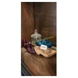 Hob Nail Shoe, Blue Basket, Wood Shoe