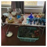 Colbalt Blue Basket,  Blue Goblets, Wire  Jar